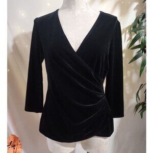 Vtg 90s Y2K Onyx Nite Velvet Side Ruched 3/4 Sleeve Faux Wrap Top Size M Black